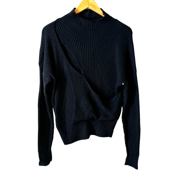 Nordstrom New Open Edit Front Cut Out Ribbed Sweater Mock Neck Black Size Small - Picture 2 of 10